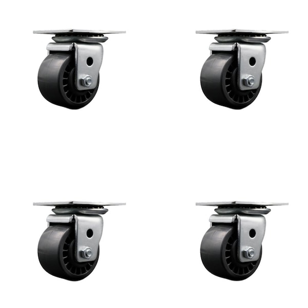 Low Profile Solid Polyurethane 3'' Wheel Top Plate Swivel Caster Set, 4PK